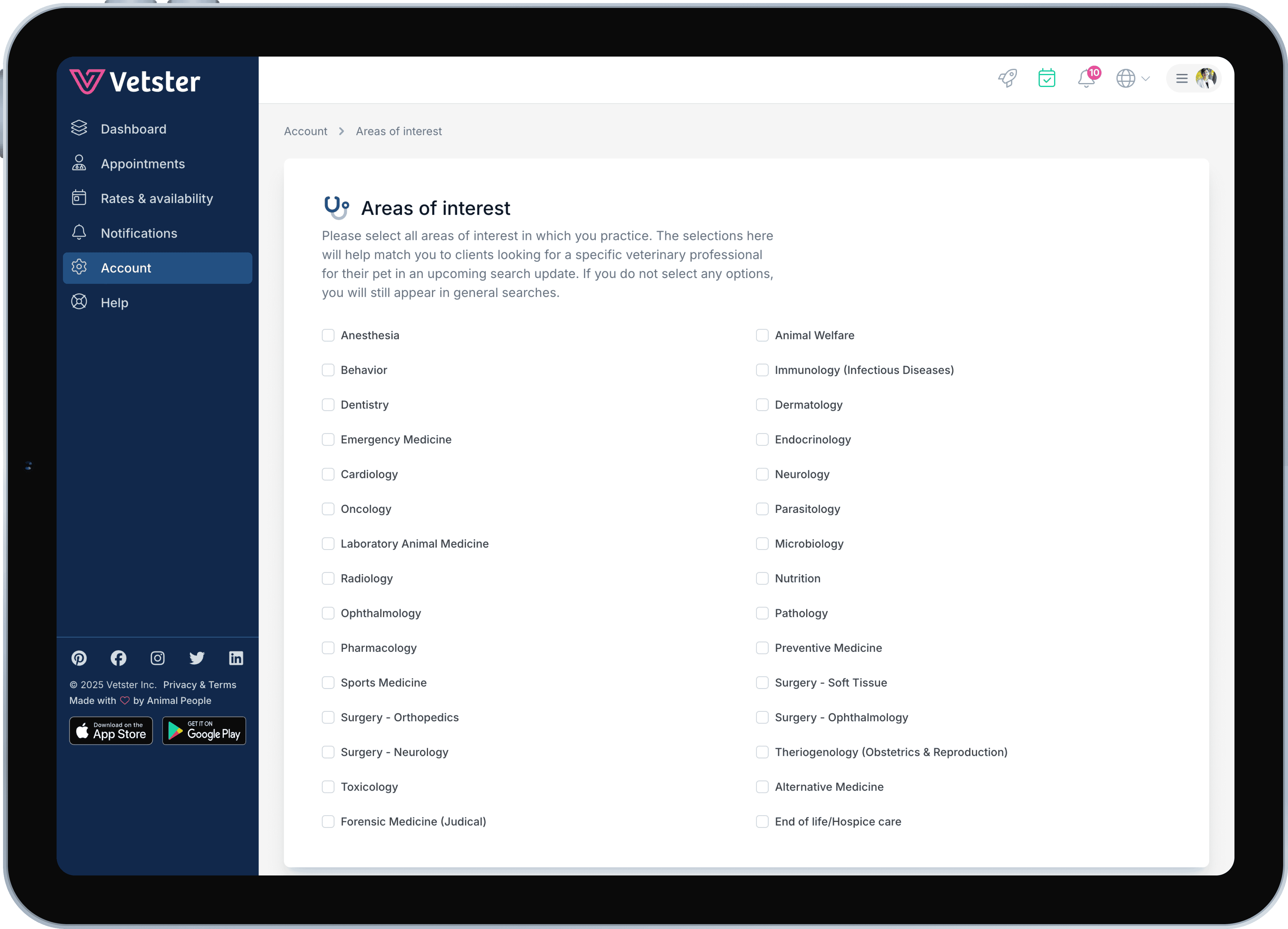 A screenshot of Vetster's vet-area-of-interest UI
