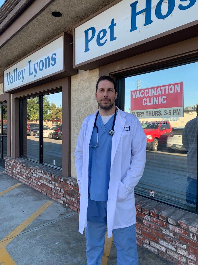 Dr. Levisman stands before a veterinarian vaccination clinic