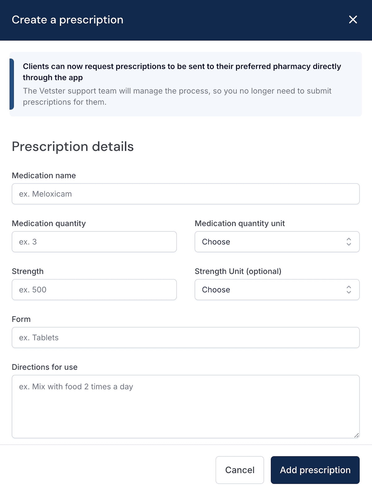 A screenshot showing Vetster's manual entry for prescriptions or products