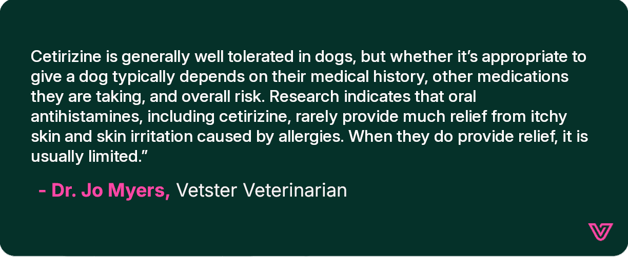A quote from Dr. Myers discussing the helpfulness of Cetirizine for dogs