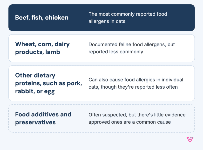 A table describing some common allergies for cats