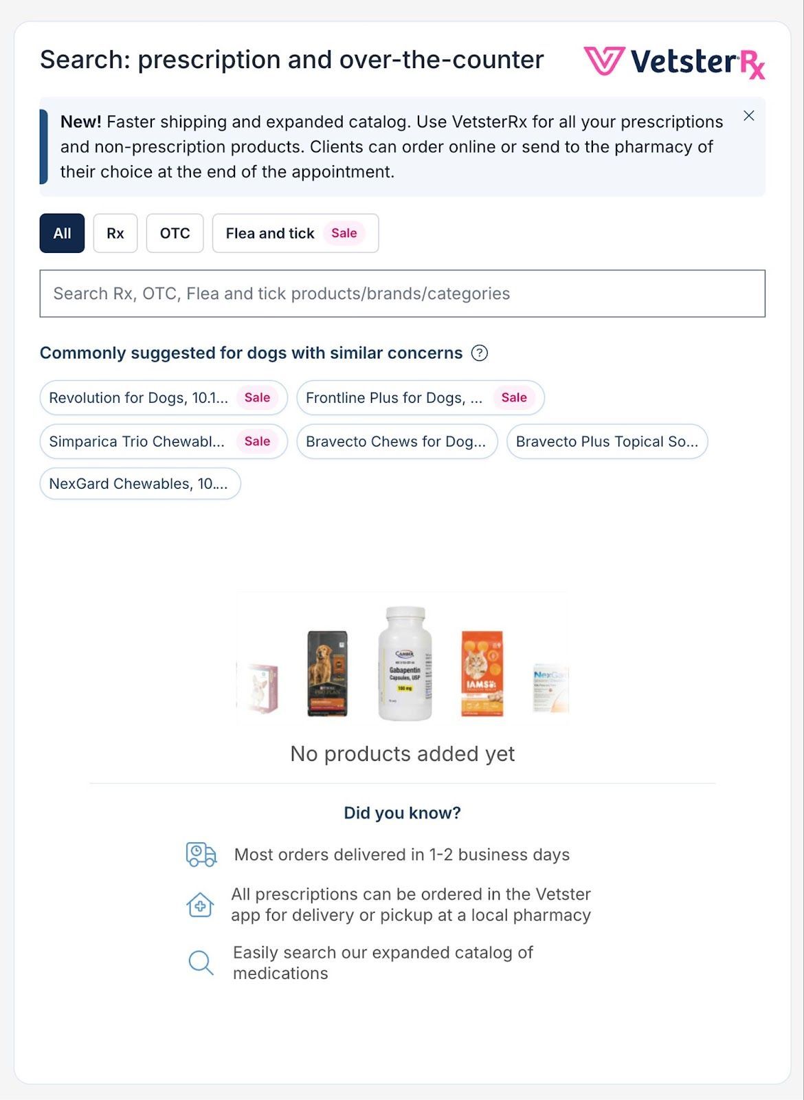 A screenshot showing VetsterRX's integrated search tool