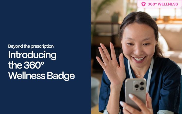 Vetster promotional banner reading 'Beyond the prescription: Introducing the 360° Wellness Badge,' featuring a veterinarian in blue scrubs waving during a video call on her smartphone, with a pink '360° Wellness' badge icon in the top right corner.